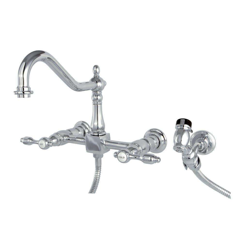 Kingston Brass, Kingston Brass KS1241TALBS Tudor Wall Mount Bridge Kitchen Faucet with Brass Spray, Polished Chrome