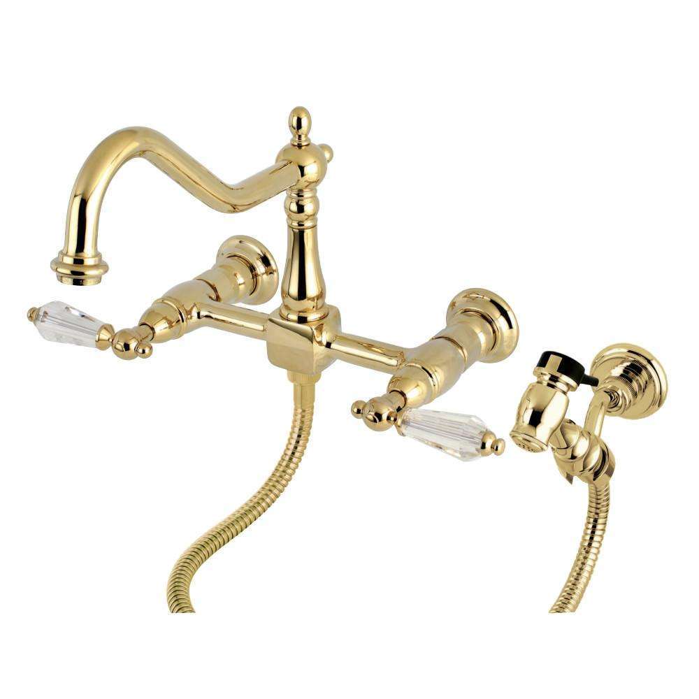 Kingston Brass, Kingston Brass KS1242WLLBS Wilshire Wall Mount Bridge Kitchen Faucet with Brass Spray, Polished Brass