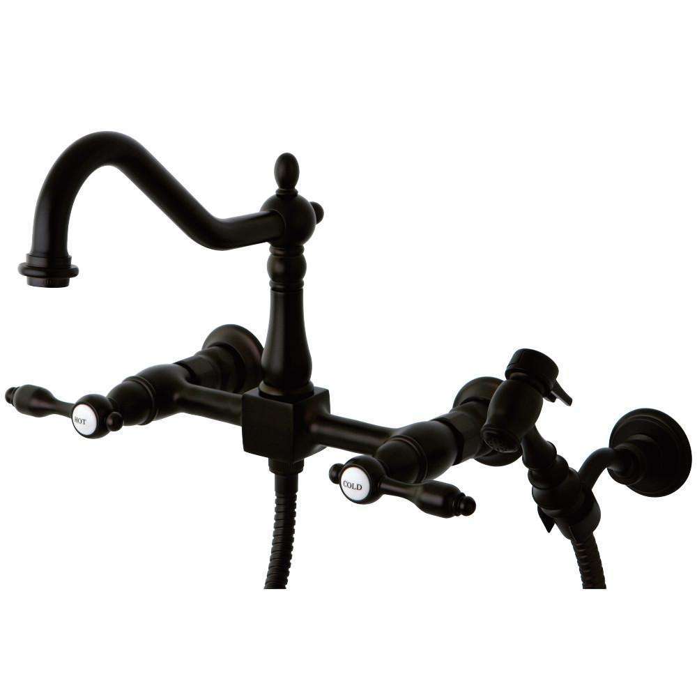 Kingston Brass, Kingston Brass KS1245TALBS Tudor Wall Mount Bridge Kitchen Faucet with Brass Spray, Oil Rubbed Bronze