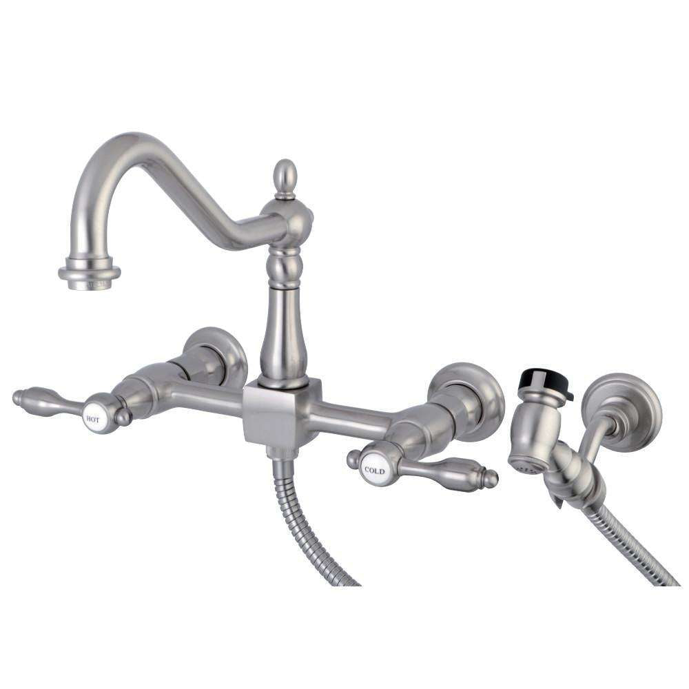 Kingston Brass, Kingston Brass KS1248TALBS Tudor Wall Mount Bridge Kitchen Faucet with Brass Spray, Brushed Nickel