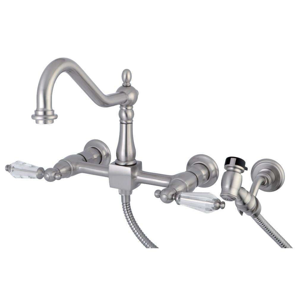 Kingston Brass, Kingston Brass KS1248WLLBS Wilshire Wall Mount Bridge Kitchen Faucet with Brass Spray, Brushed Nickel